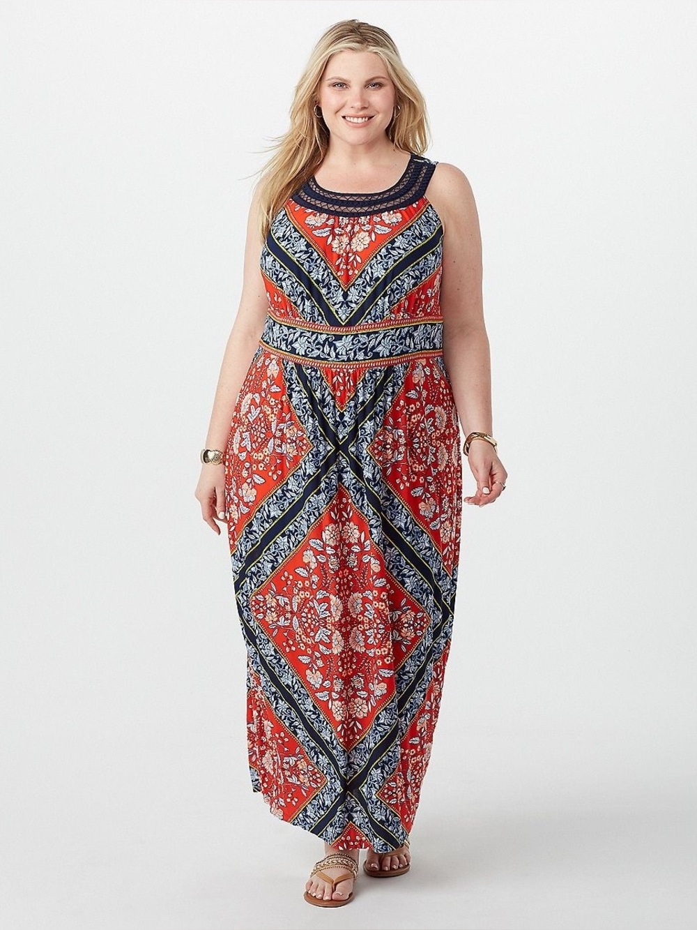 Westport 2X Red Navy Scarf Print Maxi Dress Plus Size Crochet Boho Resort